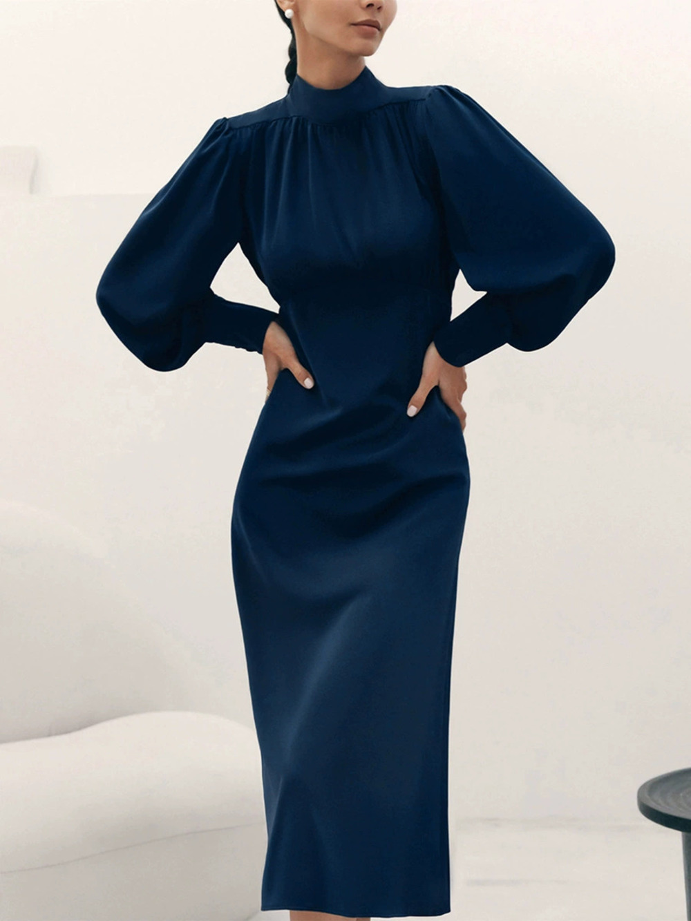 Forever 21 Fall Stand Collar Bodycon Dress Blue Satin High Waist Party Gown